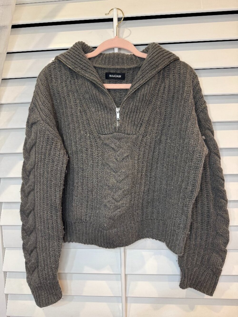 NAADAM Gray Cable Knit Half-Zip Hoodie Sweater Wool Cashmere